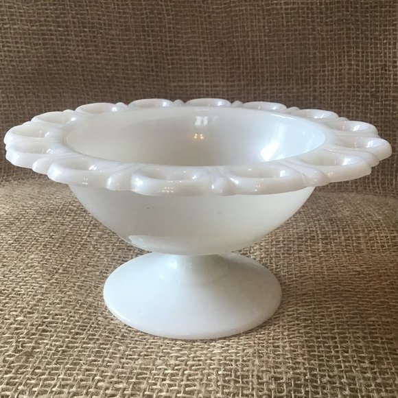 Milk Glass Lace Edge Scalloped Pedestal Bowl VTG - Picture 2 of 5